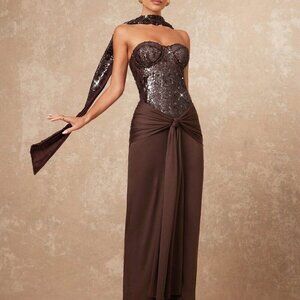 Coffee Brown Sequin Strapless Women's Corset Dress